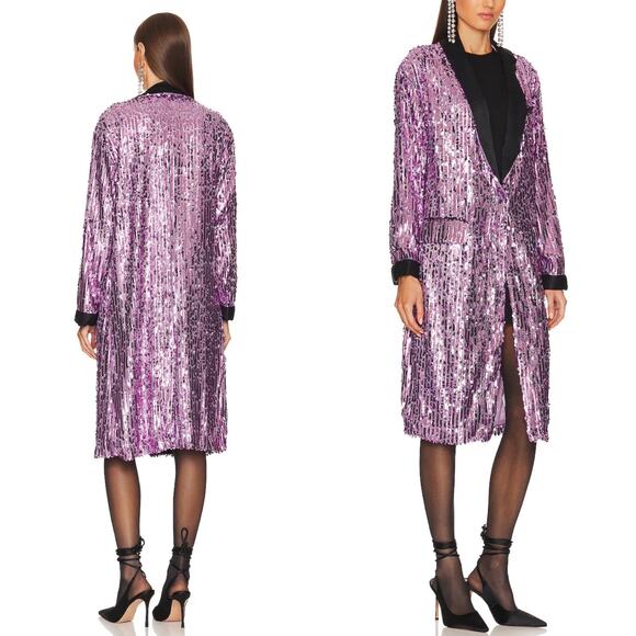 FREE PEOPLE Ella Duster Sequin Purple Combo Black Trim Jacket XS/S Oversized NWT - Picture 2 of 13